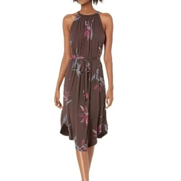 Lucky Brand M brown floral sleeveless halter neck dress with scoop hem - Picture 1 of 8